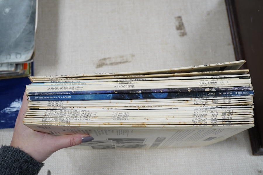 Twenty-one LP record albums by The Monkees and The Moody Blues; Thirteen The Monkees Lips including; The Monkees, Headquarters, Instant Replay, The Birds The Bees and The Monkees, Pisces Aquarius Capricorn & Jones Ltd.,